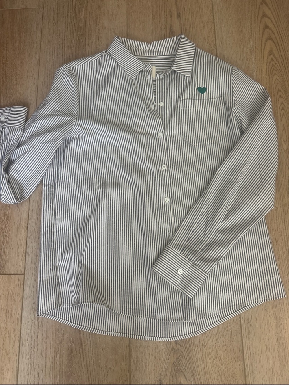 Sezane Striped Button-Down Shirt with Teal Heart